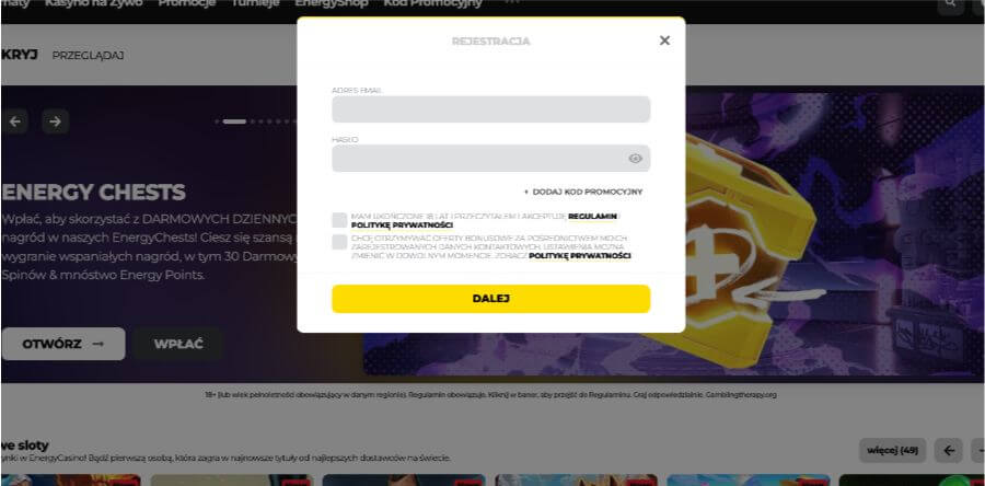 Rejestracja konta w Energy Casino