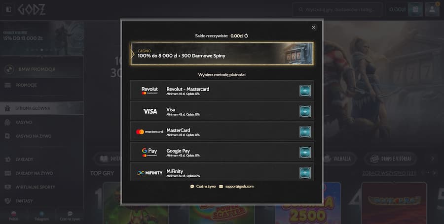 Metody płatności Godz Casino podczas testu