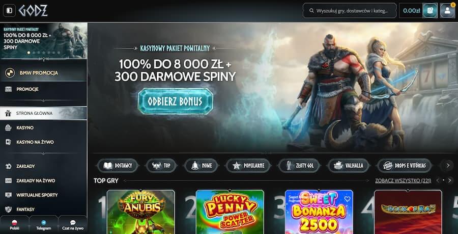 Strona główna Godz Casino podczas testu