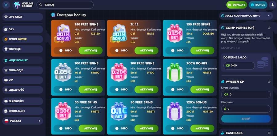Bonusy Hotline Casino podczas testu