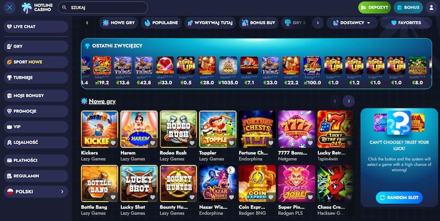 Strona główna Hotline Casino podczas testu