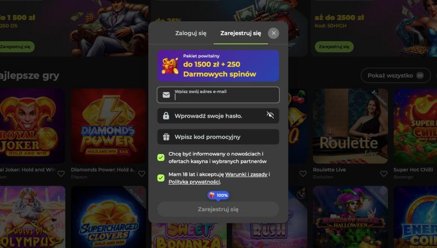 Rejestracja w kasynie c Capospin