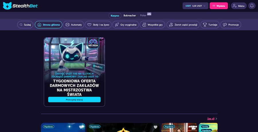 Strona główna StealthBet Casino podczas testu