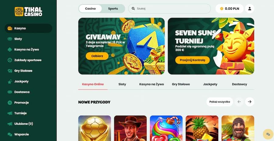 Strona główna Tikal Casino podczas testu