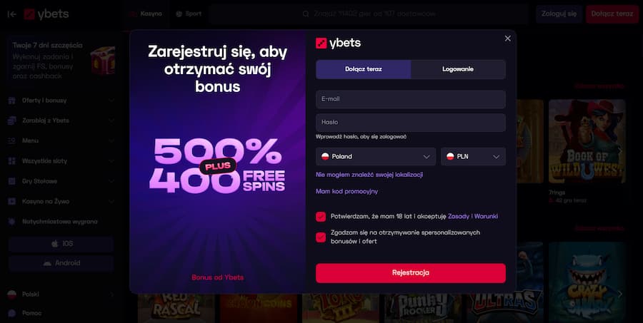 Rejestracja w kasynie Ybets podczas testu