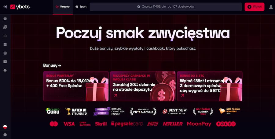 Strona główna Ybets podczas testu